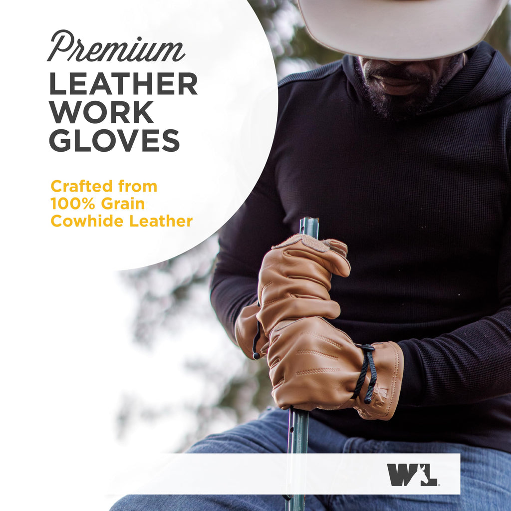 Wells Lamont Leather Work Gloves for Men – Heavy Duty, Cowhide, Abrasion & Puncture Resistant – Adjustable Wrist, Gunn Cut Design, Ideal for Ranching, Farming, Construction - Timber - XXL