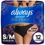 Always Discreet Boutique Incontinence and Postpartum Underwear for Women, Maximum Protection, Small/Medium, Black, 12 Count