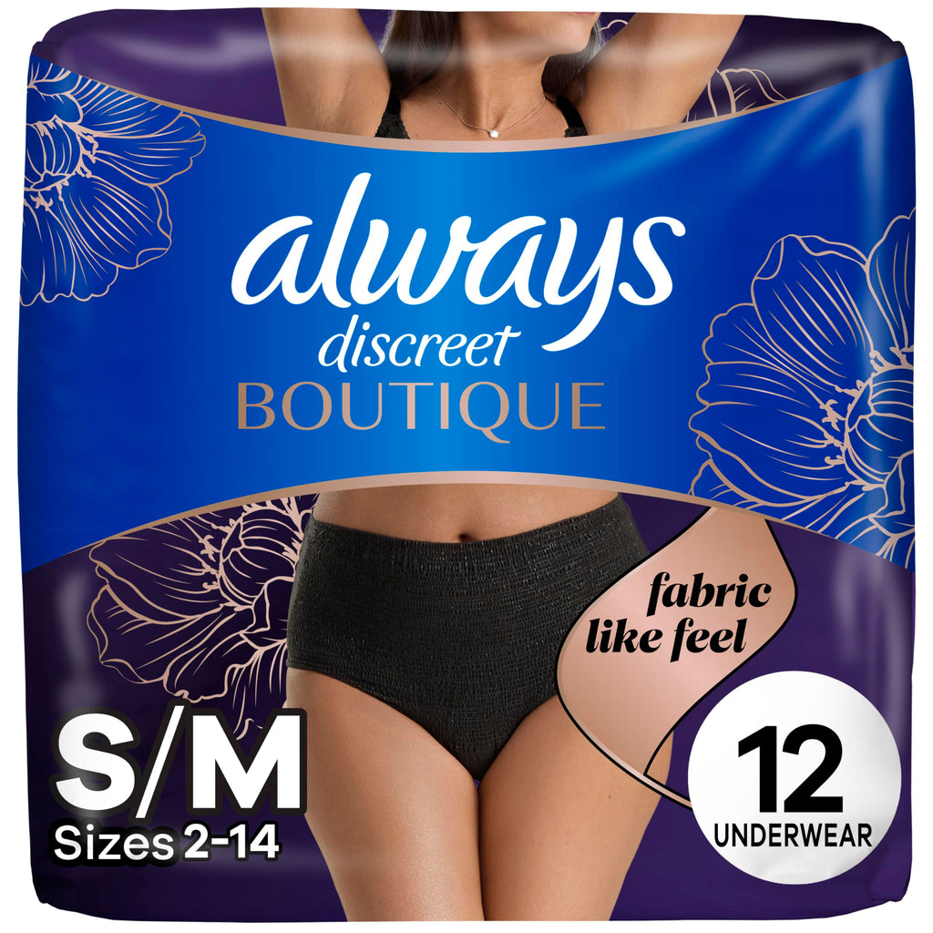 Always Discreet Boutique Incontinence and Postpartum Underwear for Women, Maximum Protection, Small/Medium, Black, 12 Count