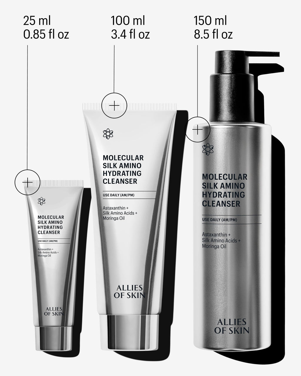 Allies of Skin Hydrating Silk Amino Face Cleanser | Gentle Daily Face Wash with Vitamin C, Astaxanthin & Moringa Oil | Moisturizing and Silky Soft for Dry and Sensitive Skin, 3.4 fl oz