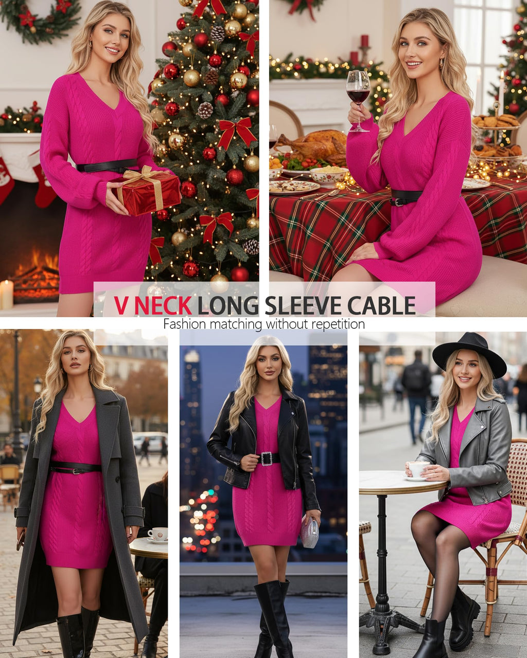 VAFOLY Sweater Dresses for Women 2025���Winter Mini Dress - Pullover Sweaters for Women - Fall Christmas Casual Knit Shirts Women's Holiday Knit V-Neck Loose Fashion Sweaters Fancy Tops Rose Red XL