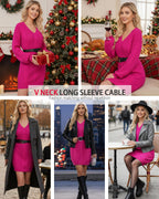 VAFOLY Sweater Dresses for Women 2025���Winter Mini Dress - Pullover Sweaters for Women - Fall Christmas Casual Knit Shirts Women's Holiday Knit V-Neck Loose Fashion Sweaters Fancy Tops Rose Red XL