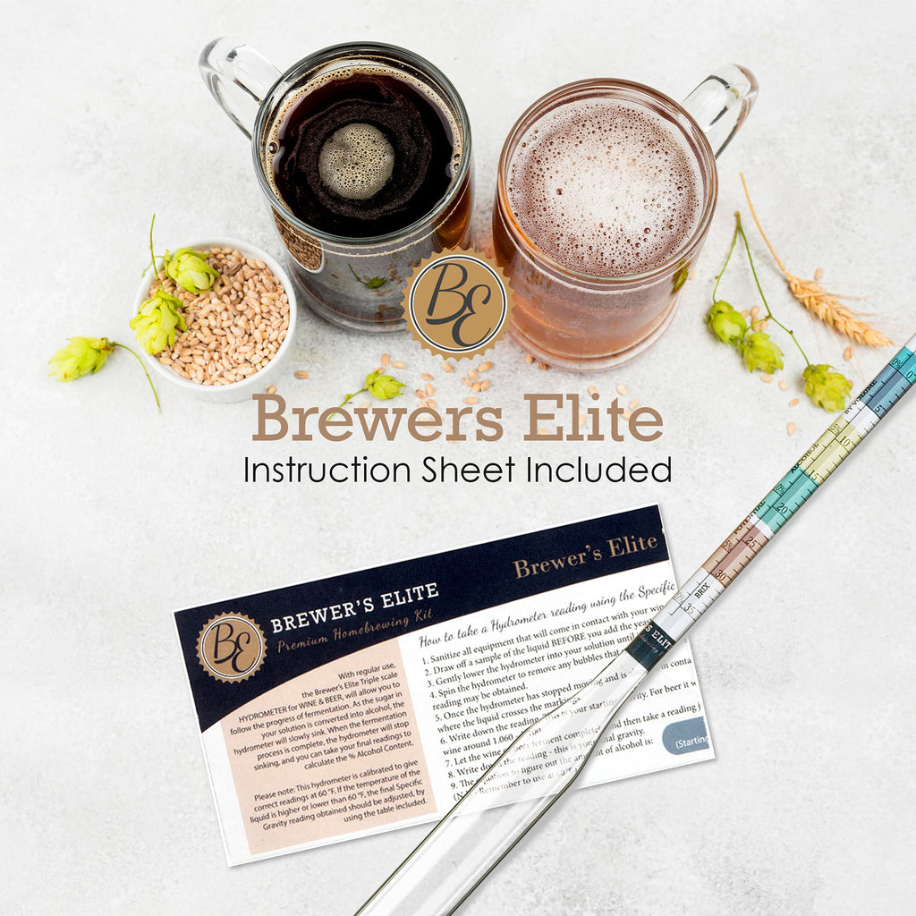 Brewer's Elite Hydrometer - for Home Brew Beer, Wine, Mead and Kombucha - Deluxe Triple Scale Set, Hardcase and Cloth - Specific Gravity ABV Tester (Hydrometer & Glass Test Jar Kit)