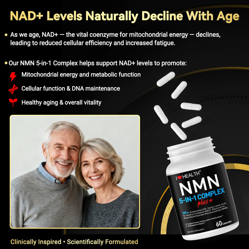 I LOVE HEALTH NMN Complex Plus+ for Women & Men with NAC, Alpha Lipoic Acid, CoQ10 & Resveratrol – 5-in-1 Cellular Energy & Healthy Aging Support – 60 Capsules, Non-GMO, Made in USA