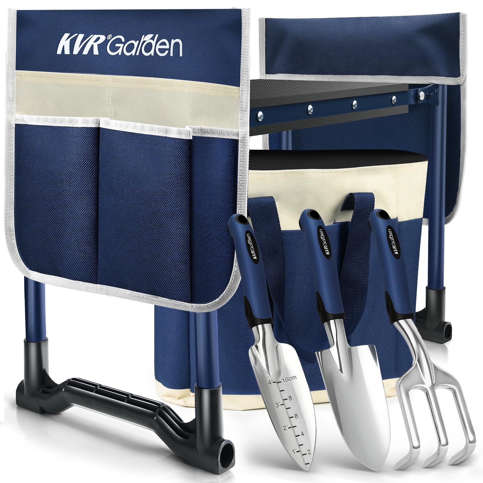 KVR Garden Kneeler and Seat Heavy Duty, 7-Piece Foldable Gardening Bench & Stool Set with 3 Aluminum Tools, 2 Secure Tool Pouches and Double-Layer Tote Bag, Gift for Seniors
