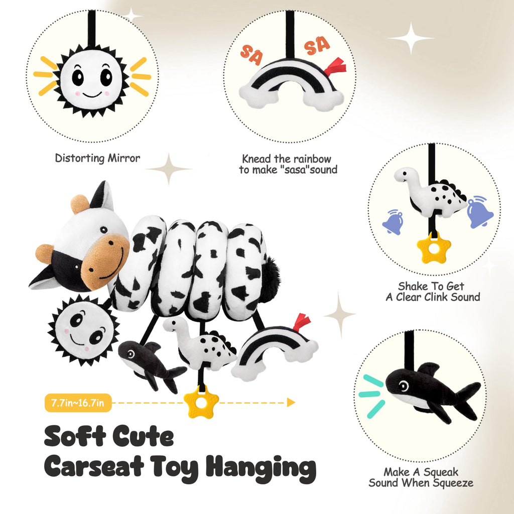 Spiral Car Seat Baby Toys 0-6 Months, Infant Carseat High Contrast Sensory Toys Hanging Stroller Accessories, Newborn Gifts for Baby Boys Girls Essentials, Cute Black and White Cow
