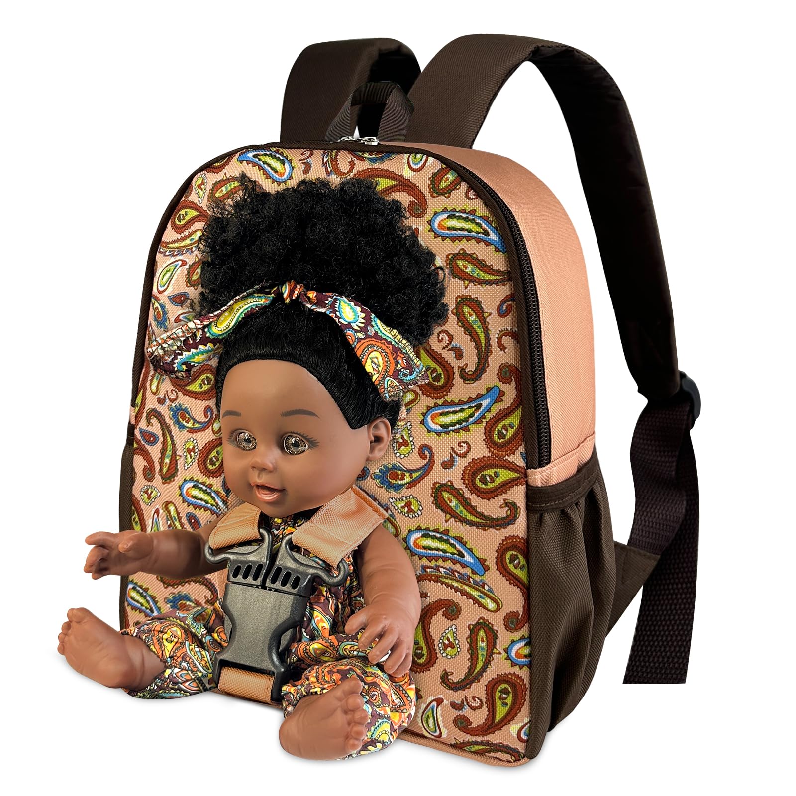 Nice2you Black Baby Doll in Take Along Backpack Carrier, 10in American African Girl Doll for Toddlers and Kids Aged 1-3 2 4 5 Year Old, Backpack for Baby Doll Accessories Storage