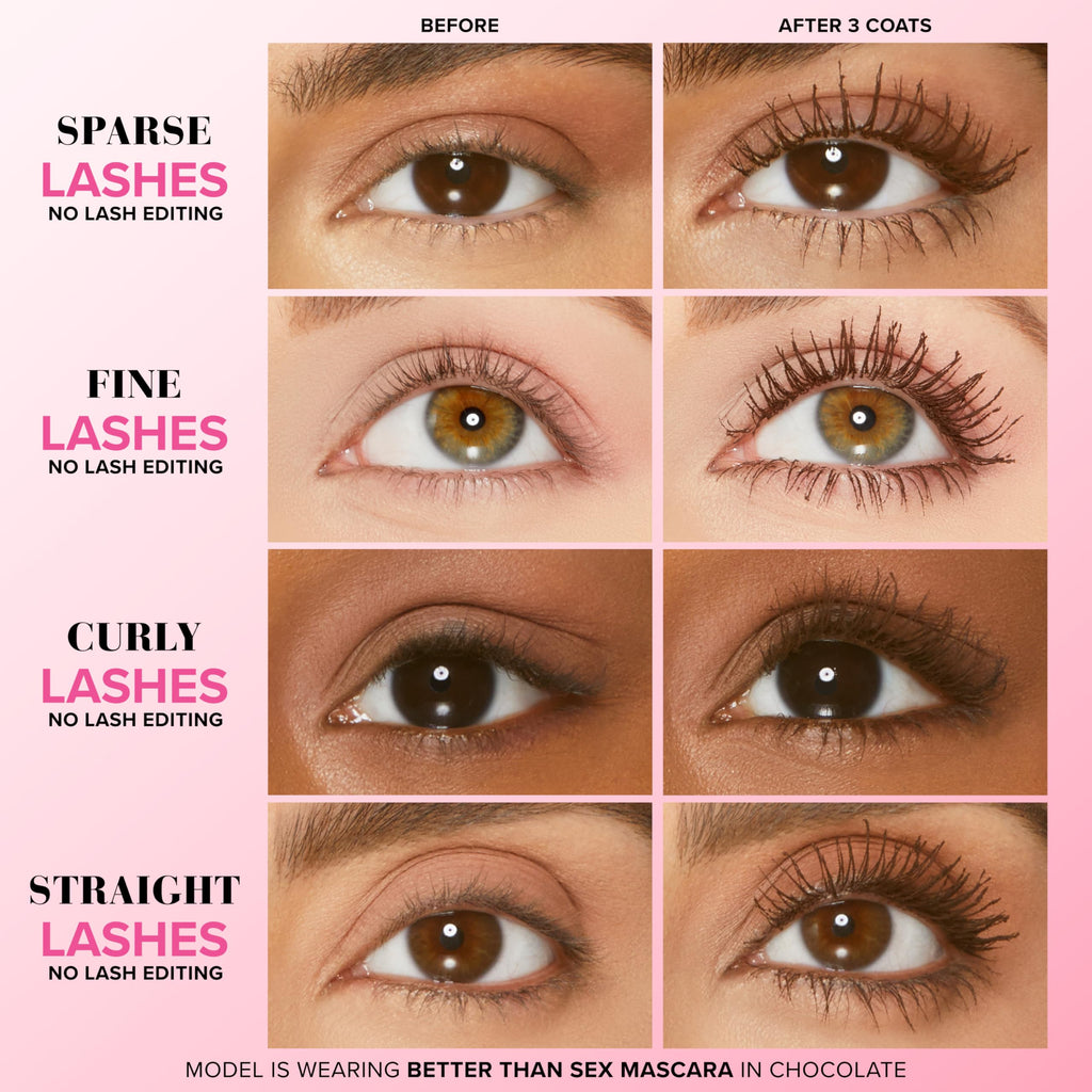 Too Faced Better Than Sex Volumizing and Lengthening Mascara | Vegan Formula, Dramatic Volume and Length | Cruelty-Free Eye Makeup + Hourglass Brush for False Lash Effect, Chocolate, 0.27 Fl Oz