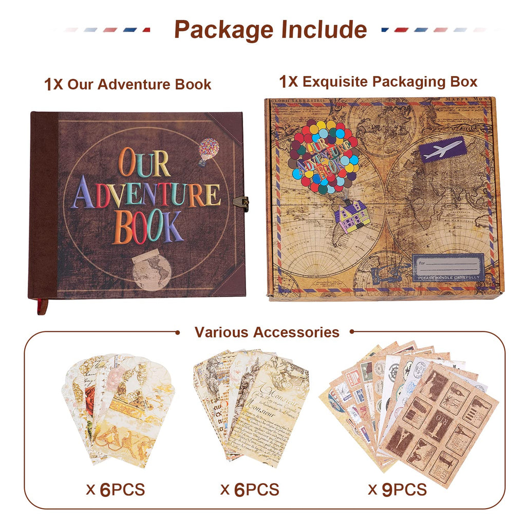 JIMBON Our Adventure Book Scrapbook Photo Album Retro Style Embossed Letter Cover Travel Diary Journal Scrap Book Kit For Couples,Memory Book For Anniversary Wedding
