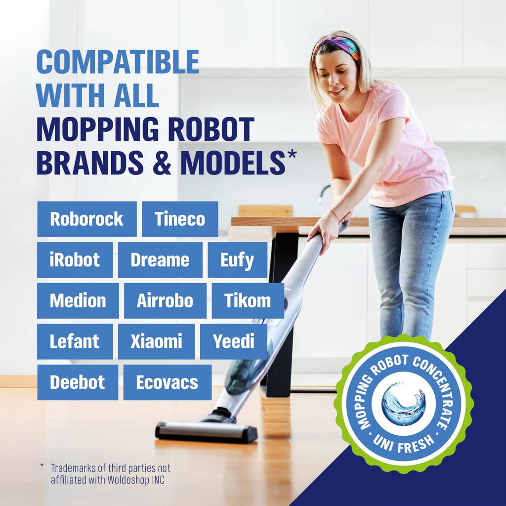WoldoClean Floor Cleaner Solution for Robot Mops 25.36 fl.oz - Anti-Clog Formula Compatible with Roborock, Dreame, Roomba, Tineco, Professional Low-Foam Concentrate