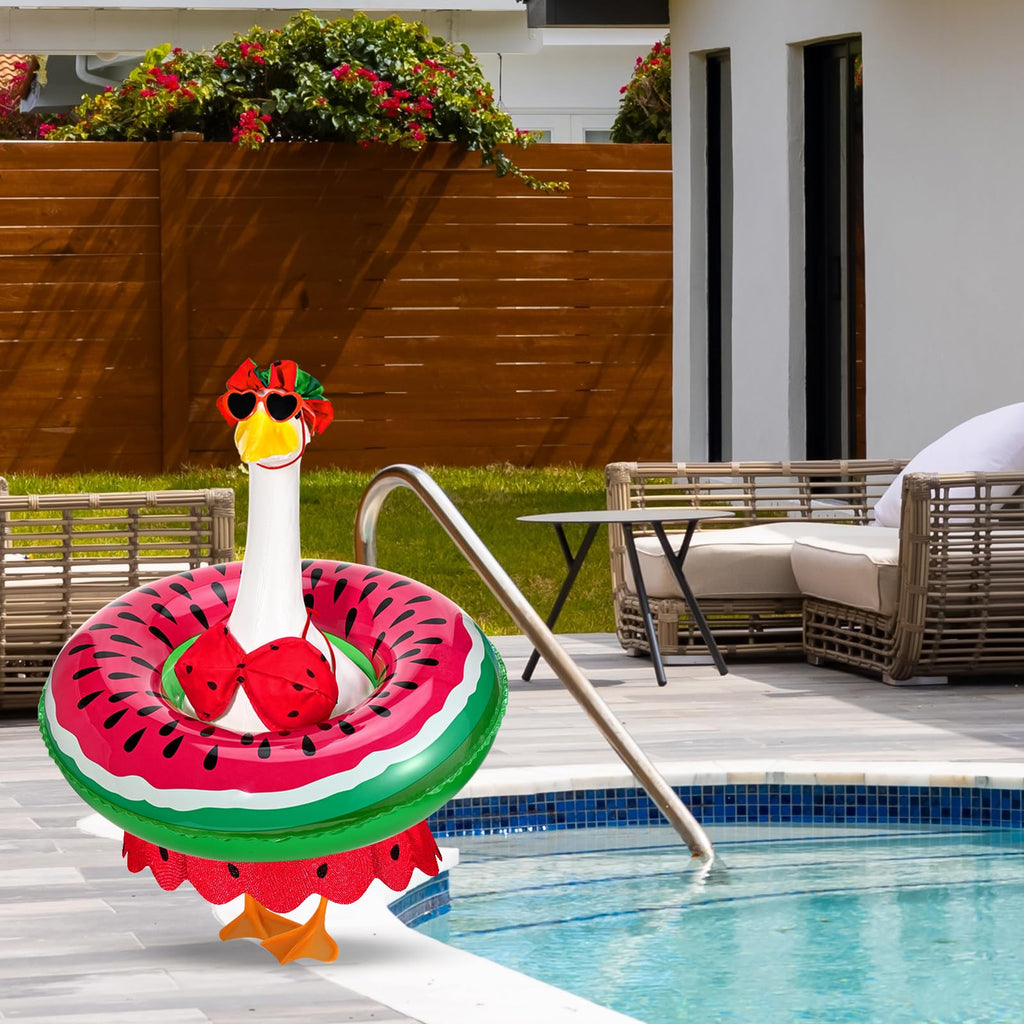 GANSHAYA Hawaiian Porch Goose Outfits Summer Bikini Goose Outfit Fits 23" Goose Statue with Hat Sunglasses & Swimming Ring for Cement Yard Decor(Watermelon)