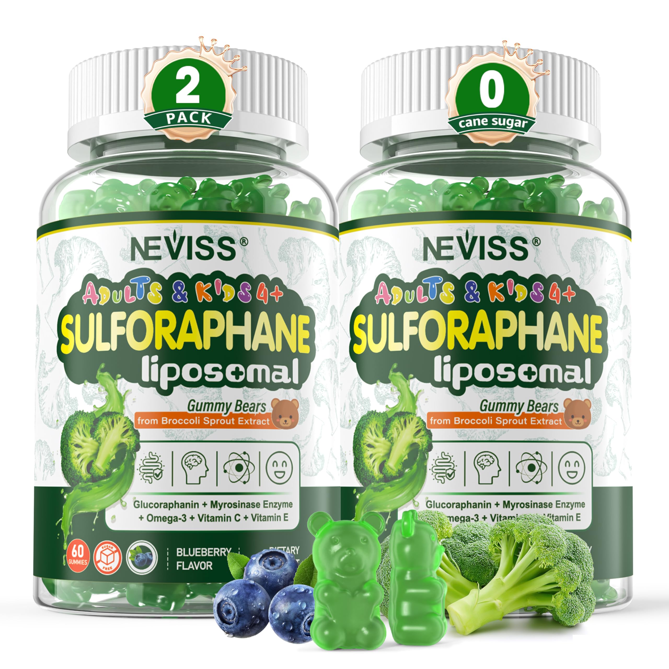 Liposomal Sulforaphane Supplement, Broccoli Gummies, Broccoli Sprouts Extract w/Myrosinase, Omega-3, Vitamin C, E for Kids 4+ & Adults, Supports Cognitive, Brain, Cellular Health, Antioxidant, 120 Cts