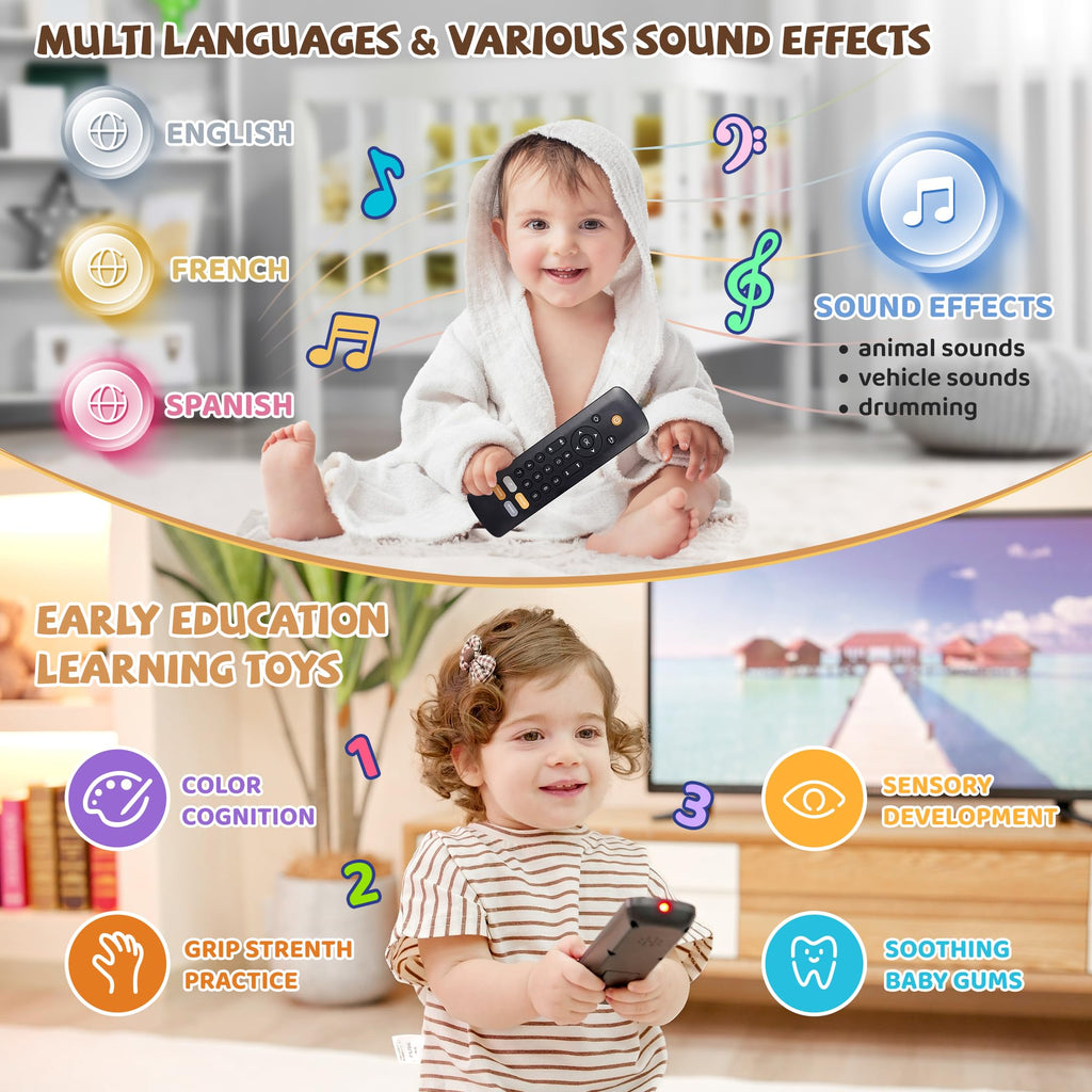 Baby TV Remote Toy - Realistic Play Remote toy with Lights and Sounds, 3 Languages (English, Spanish & French), Learning Musical Toys, Preschool Infant Boys Girls Toys Gift for 1 2 Year Old, Black