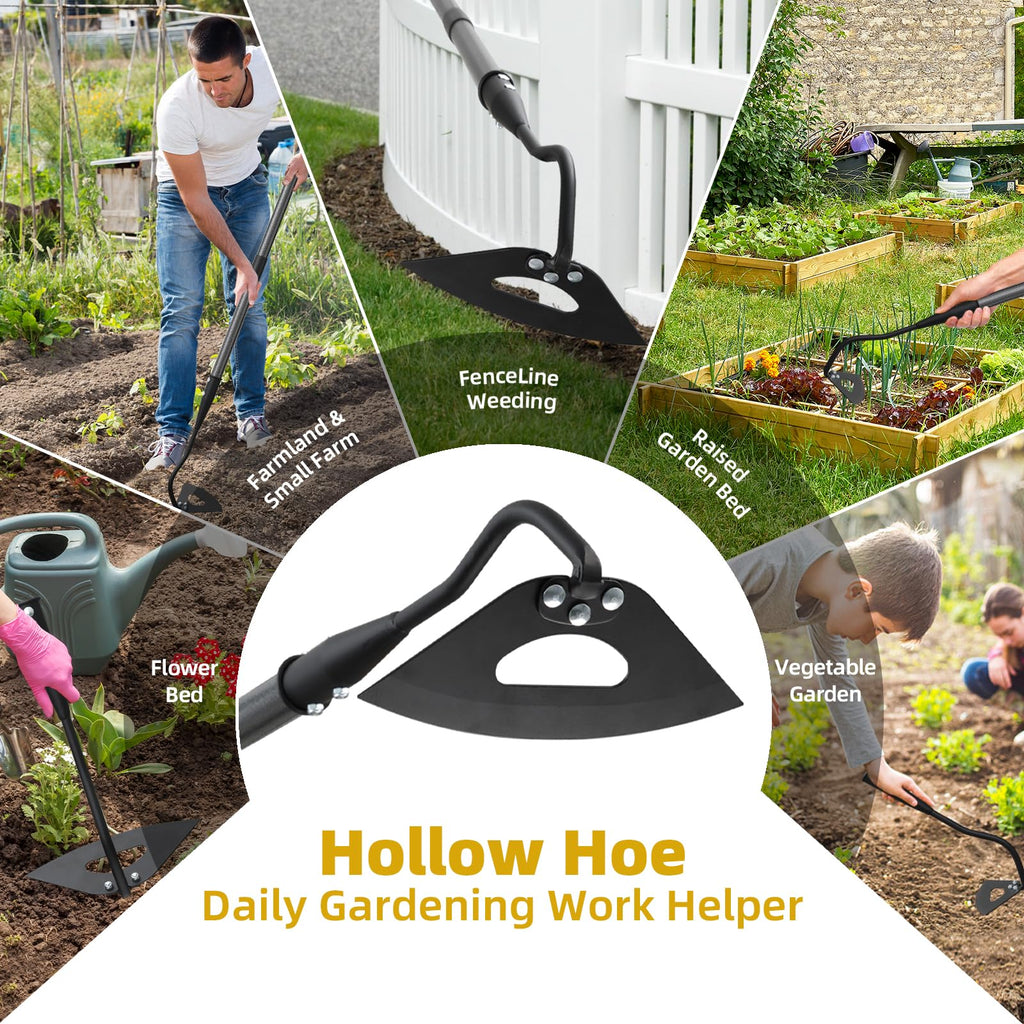 HANGMAICOME Garden Hoe Weeder Removal - Heavy Duty Weed Hoes for Gardening,55" Stand Up Long Handle, Sharp Hollow Blade,Push Pull Hand Weeding Tool for Garden Bed, Yard,Lawn Landscaping