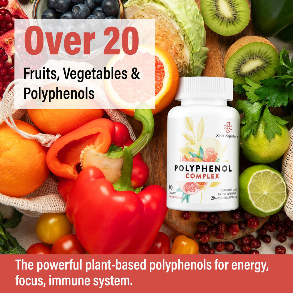 Sihat Sejahtera 67,500 MG Polyphenols Supplement - Powerful Antioxidants & Polyphenol for Age Defense, Polyphenol Superfood, Quercetin, Resveratrol, Plant-Based & Energy, Immune Support, 90 Capsules