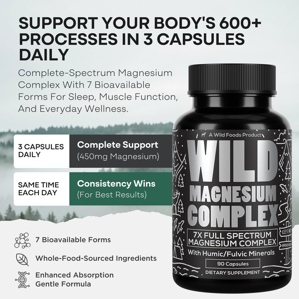 Wild Magnesium Complex for Women & Men – 7 Magnesium Forms in One: Glycinate, Citrate, Malate & More – High-Absorption Magnesio Complex with Fulvic Mineral Blend – 90 Capsules, 450 mg (Pack of 2)