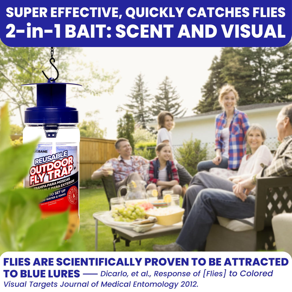 3 Fly Traps Outdoor Fly Trap for Patio with 6 Non-Toxic Dissolvable Bait Refills. Reusable Hanging Bug Catcher Killer for All Filth Flies for Outside Bug Control Yard Ranch. Hanging Chains Included.