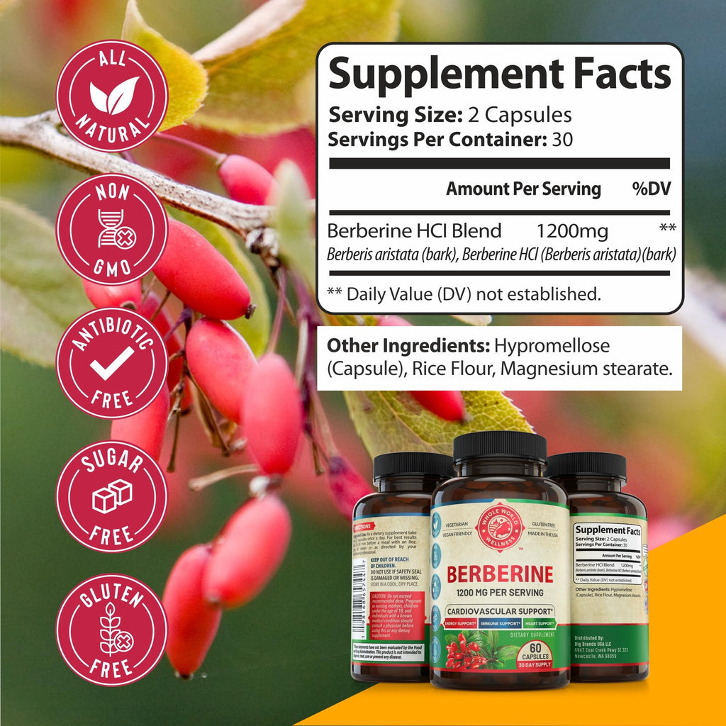 1200mg Berberine Herbal Health Capsules Support Heart and Cardiovascular Health, Help Maintain Healthy Cholesterol, Triglyceride, Blood Sugar Levels, Supports Digestion, Boosts Metabolism, 60 Capsules