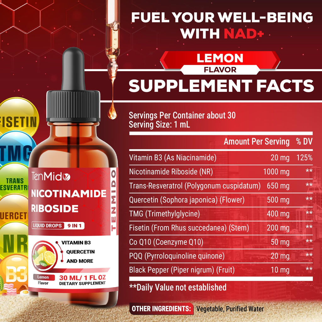 Tenmido NAD+ Supplement Liquid Drops - 9in1 with Nicotinamide Riboside, Resveratrol, Quercetin, TMG Trimethylglycine, Fisetin, Co Q10, PQQ, and Black Pepper - 30ml 1 Fl Oz
