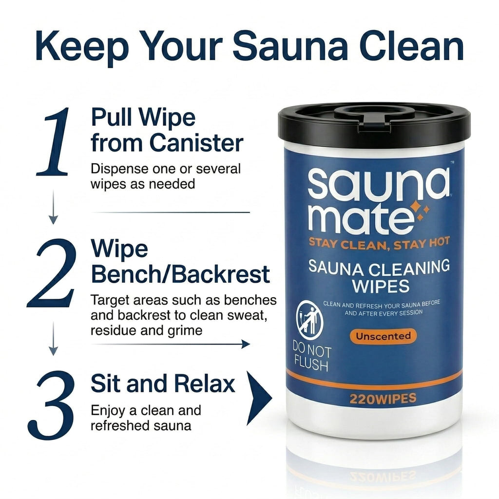 SaunaMate Sauna Cleaning Wipes, 220 Count, Unscented Disposable Sauna Wipes, Cleans Sweat, Oil & Grime Between Uses, For Sauna Benches & Backrests, Home, Gym & Commercial Use