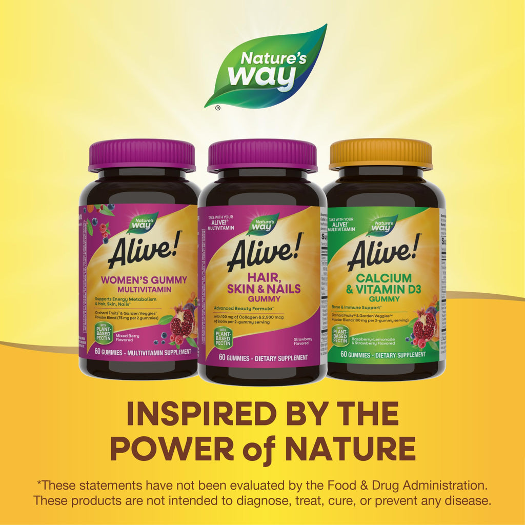Nature's Way Alive! Hair, Skin & Nails Gummies, Advanced Beauty Formula*, with Biotin and Collagen, Strawberry Flavored, 60 Gummies (Packaging May Vary) (Pack of 2)