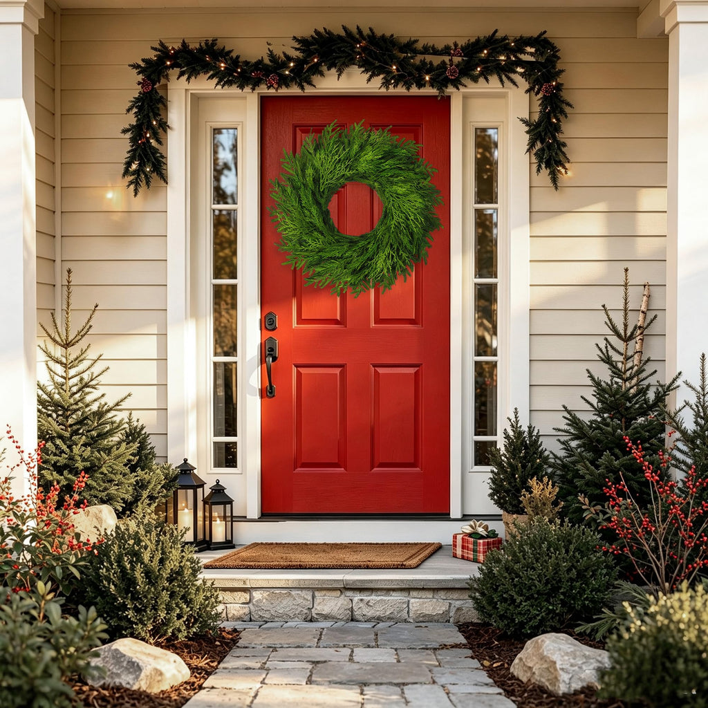 26" Large Cedar Norfolk Pine Wreath for Front Door, Faux Christmas Wreath