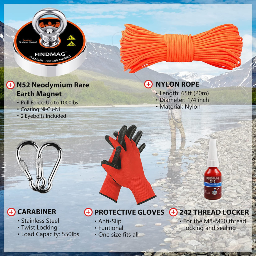 FINDMAG 1000 LBS Pulling Force Magnet Fishing Kit Fishing Magnets with Rope, Premum Kit for Retrieving in River and Magnet Fishing - 3.54 inch (90 mm) Diameter, Gift Ready