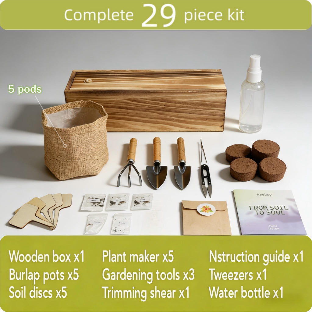 5 Herb Garden Kit with Wooden Box – Basil, Thyme, Parsley, Rosemary, Mint – Windowsill Herb Garden for Kitchen – Mother’s Day Gift for Mom, Gardening Gift for Women – Birthday Housewarming