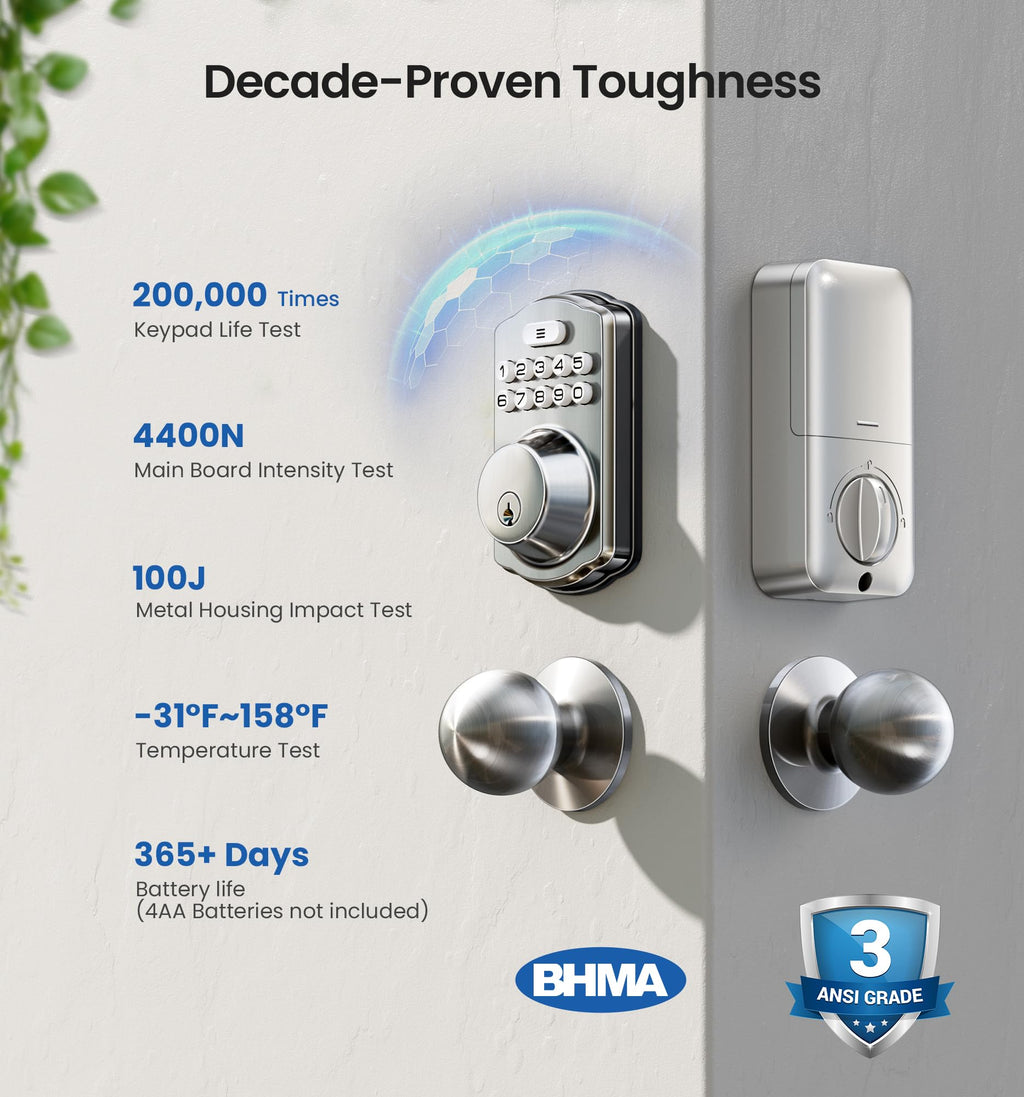 Veise Keyless Entry Door Lock with 2 Knobs, Electronic Backlit Keypad Deadbolt with Handle Set, Auto Lock, One-time Codes, Smart Deadbolt for Front Door, Easy Installation, Satin Nickel