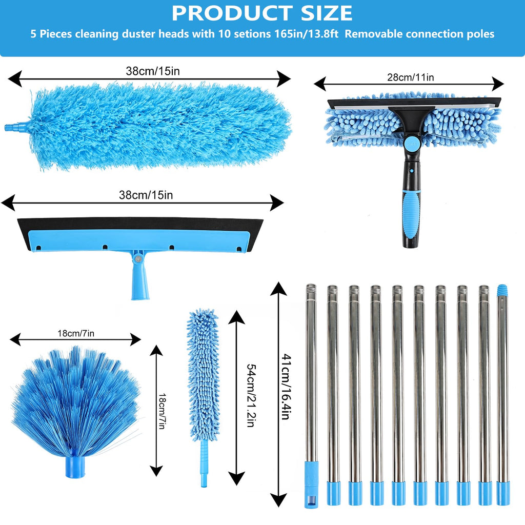 iHUFeather High Reach Duster Kit with14 ft Extension Pole High Ceiling Dusting and Window Cleaning Kit with Spliceable Pole - Cobweb Duster, Fan Blade, Window Washer & Squeegee and Feather Dusters