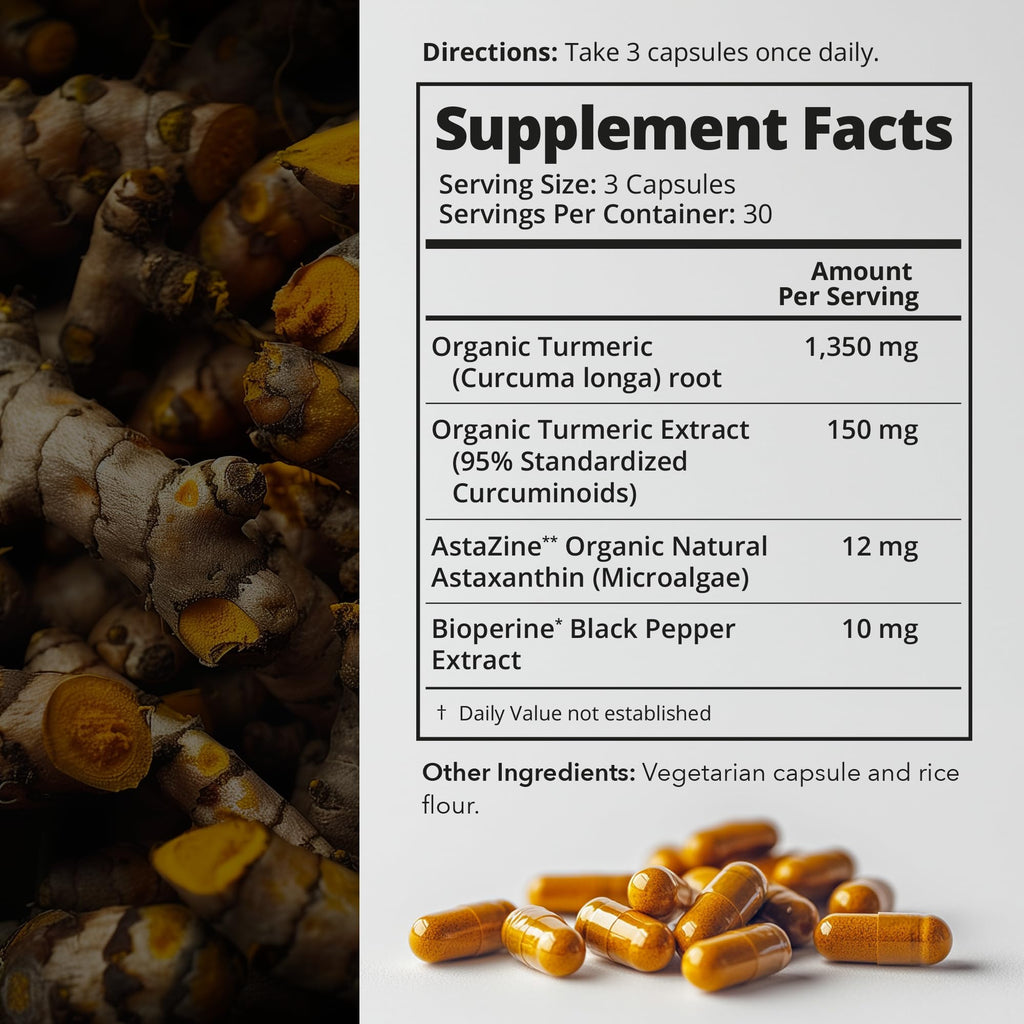Organic Astaxanthin 12mg Plus Turmeric 1500mg, Black Pepper Extract, High Absorption, Eye, Heart, Skin, Joint, Vegan, Gluten-Free, Non-GMO, Double Antioxidant, Turmeric Curcumin Supplement, 30-Days