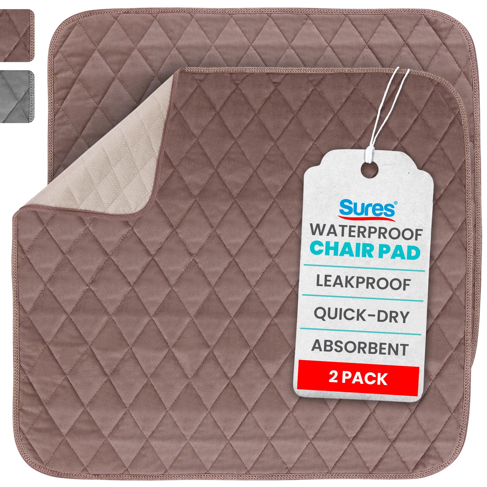Sures Waterproof Chair Pads for Incontinence (22" x 21") - Washable, Waterproof Seat Protector - Chair Protector Seat Cover - Absorbent Pad for Bed, Seat, Car, Wheelchair & Recliner (Brown, 2 Pack)
