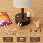 Touch Bedside Table Lamp with Memory - Stepless Dimmable Lamp for Bedroom, Small Nightstand Lamp with Dual USB Charging Ports and AC Outlet, Wood Night Light, Deak Lamp for Nursery (Beige & Brown)