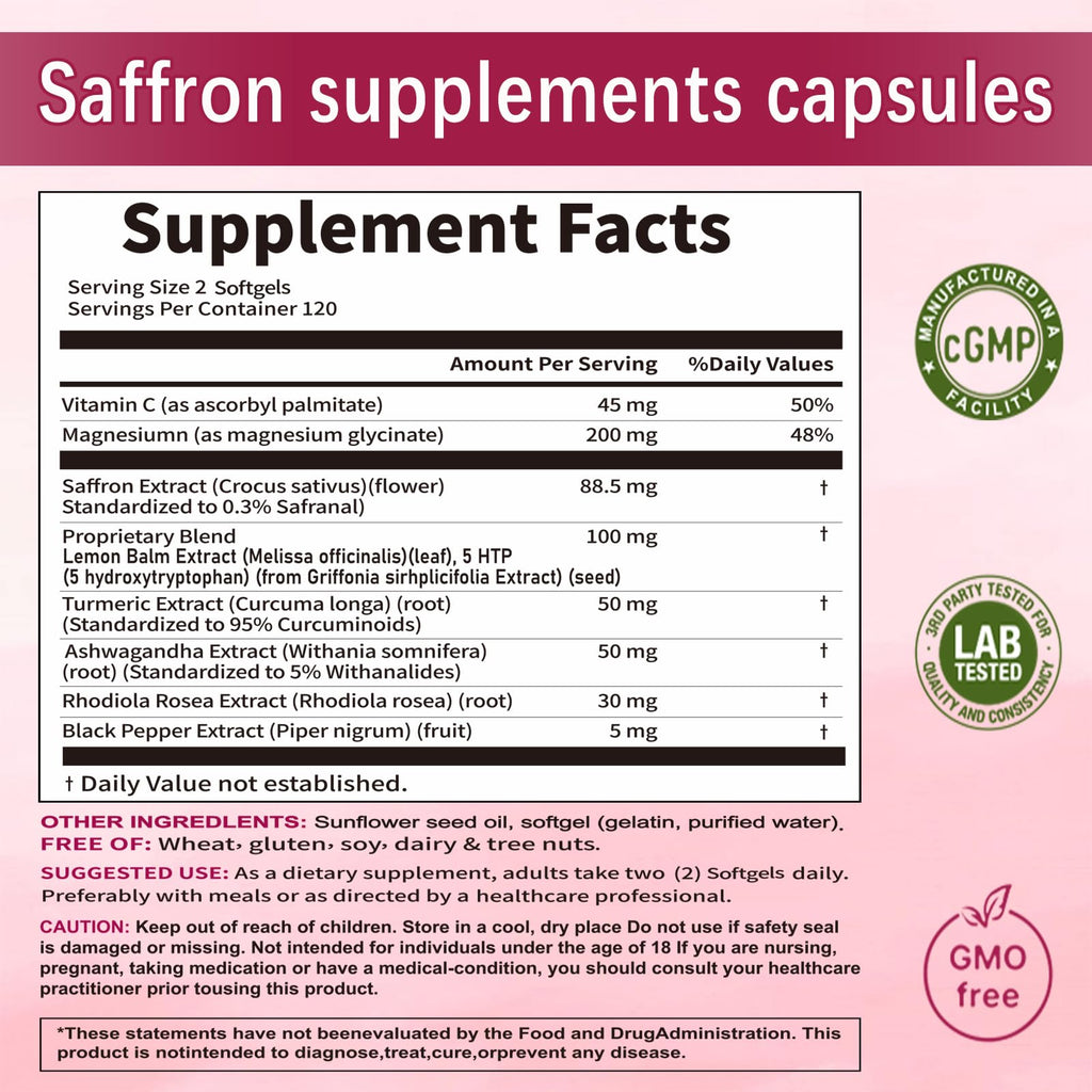 Yalei Saffron Extract Supplements 88.5mg,240 Softgels, 4 Month Supply- Boost Energy & Mood, Support Eye & Heart Health- Vegan, Gluten Free