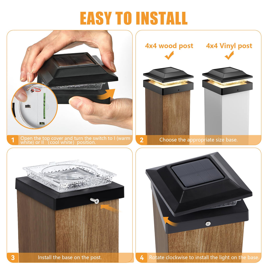4x4 Solar Post Cap Lights 4-Pack, Dual Color LED Lights for Wood/Vinyl Post