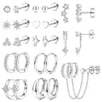 Florideco Silver Plated Flat Back Earrings Hypoallergenic Surgical Steel Earrings for Women Trendy Cartilage Chain Hoop Earring Studs Star Heart CZ Flatback Stud Earring Pack