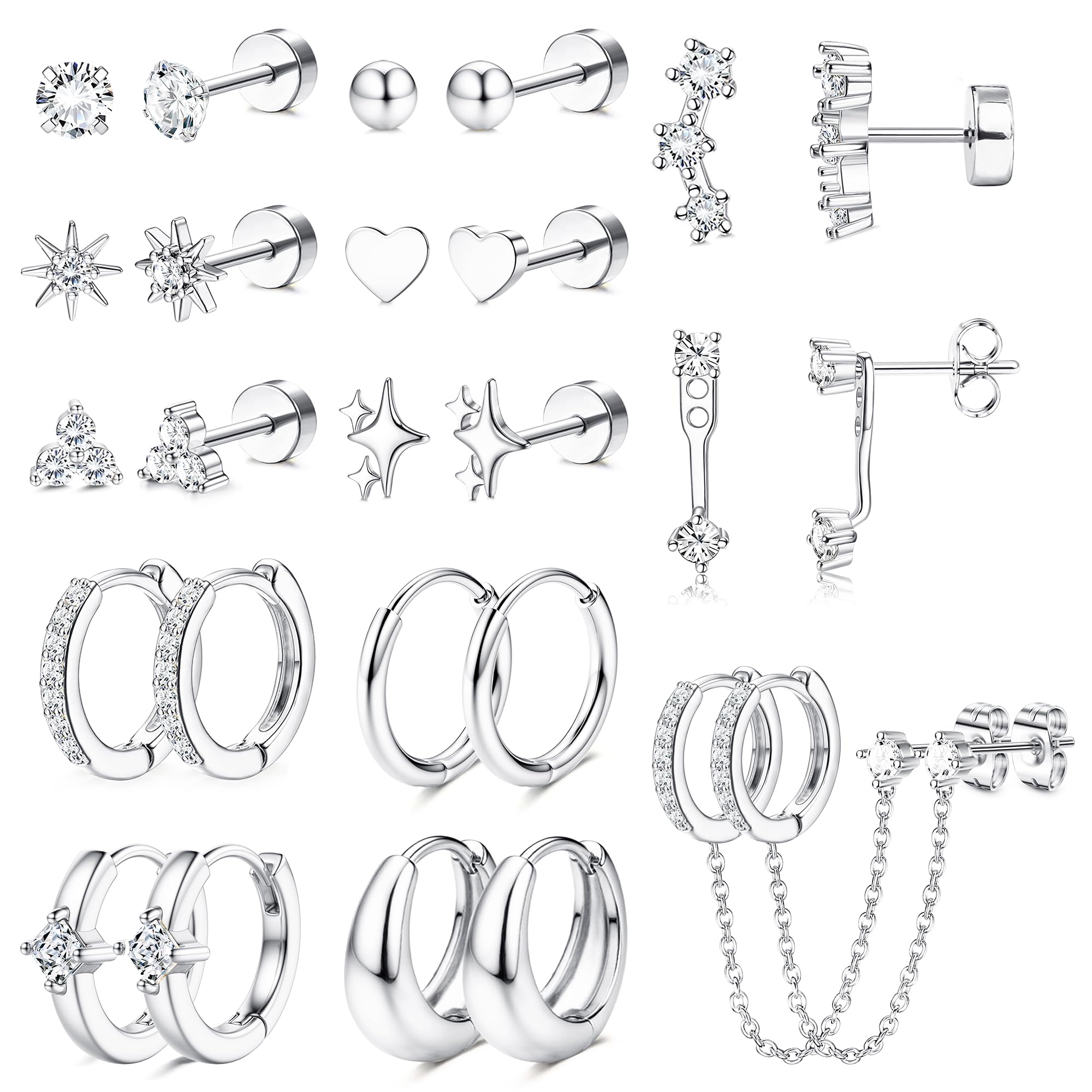 Florideco Silver Plated Flat Back Earrings Hypoallergenic Surgical Steel Earrings for Women Trendy Cartilage Chain Hoop Earring Studs Star Heart CZ Flatback Stud Earring Pack