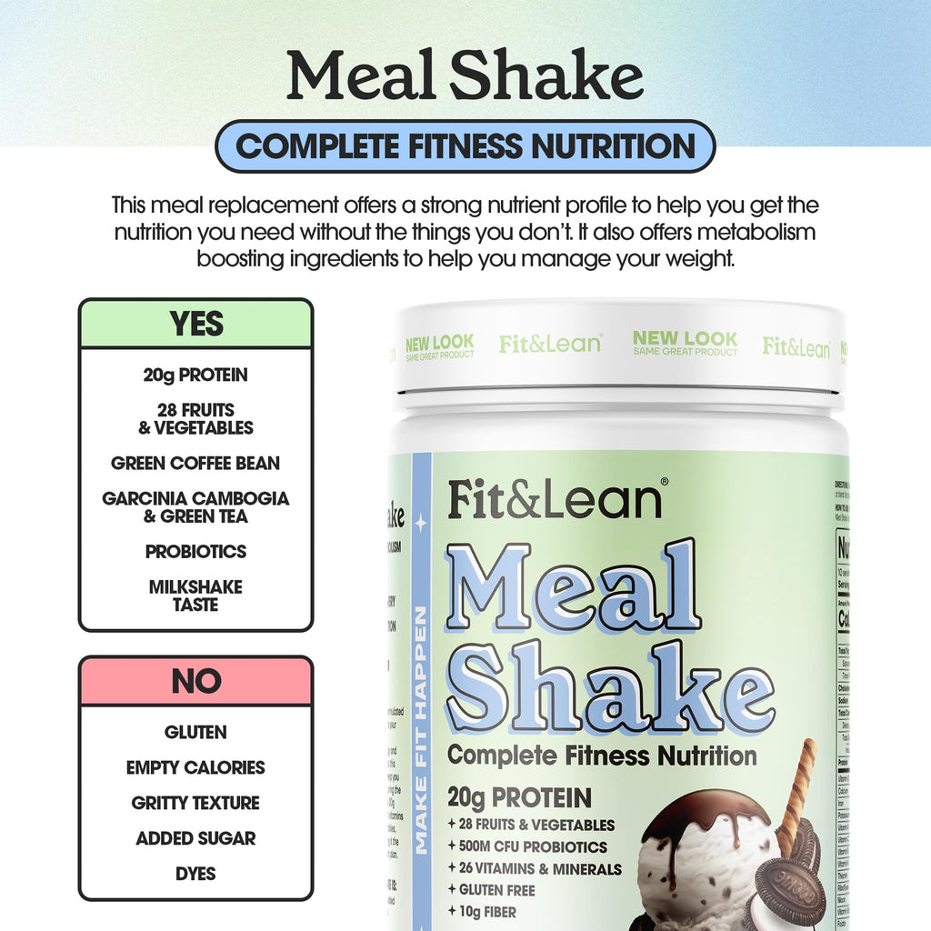 Fit & Lean Meal Shake, Fat Burning Meal Replacement, Meal Replacement with Protein, Fiber, Probiotics and Organic Fruits & Vegetables, Cookies and Cream, 1lb, 10 Servings Per Container
