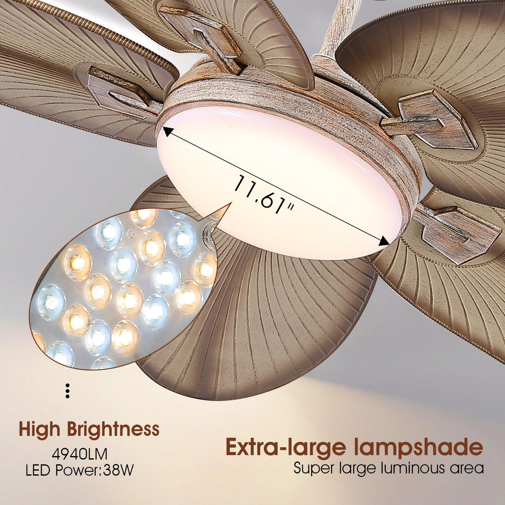 PHORUS 62" Large Waterproof Outdoor Palm Leaf Ceiling Fans with Lights and Remote,Wet Rated Tropical Ceiling Fans Light for Patios Porch Gazebo Pergola,6 Speeds Reversible