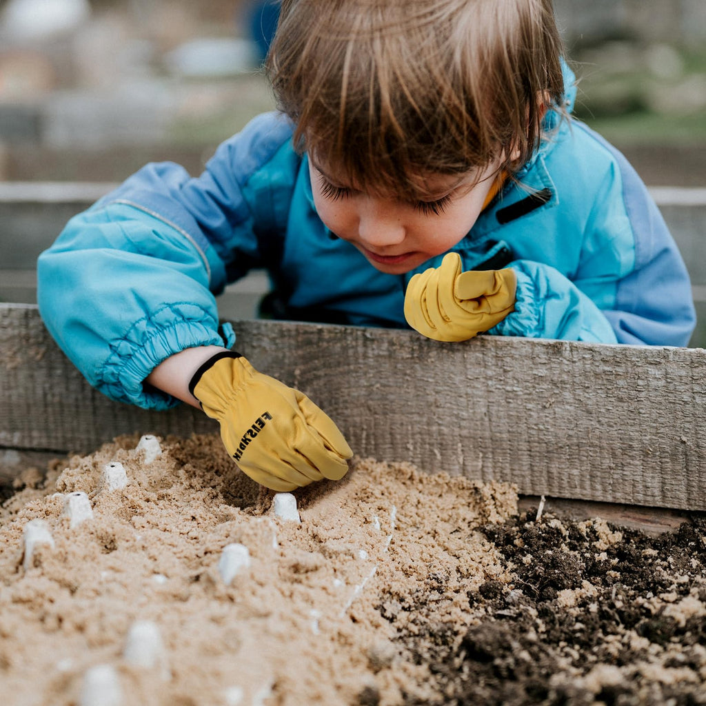 FEISHDEK Kids Leather Gardening Gloves, Toddler Work Gloves, Perfect for Children Gardening for Kids Age 2-12 (Yellow - 1 Pairs, X-Large (8-12 Years Old))