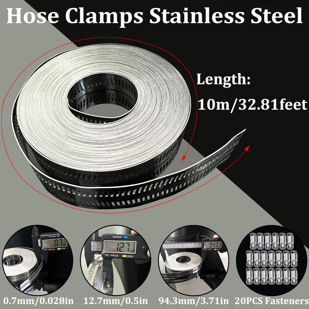Hose Clamps Stainless Steel, Large Worm Gear Duct Pipe Hose Clamp Assortment Kit, Band Fittings Strap, 32.81FT Adjustable Metal Bolt with 20 Stronger Fasteners Screw for Plumbing Auto Tube Fuel Line