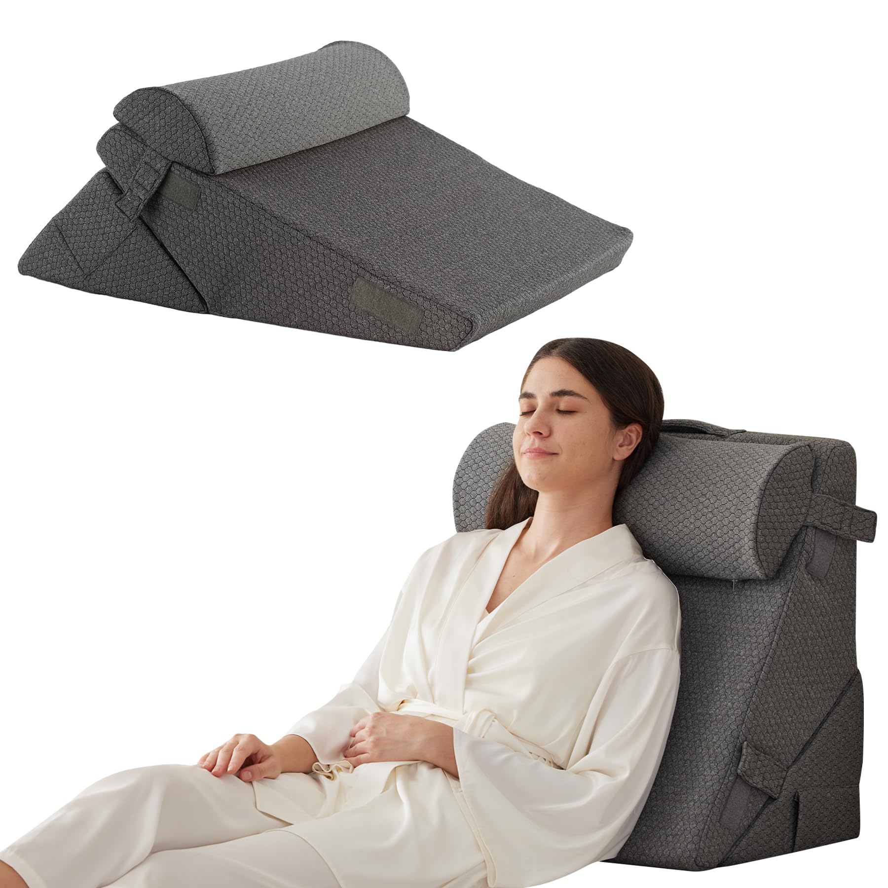 Bedluxe 3Pcs Orthopedic Bed Wedge Pillow Set, Foam Wedge Pillow Post Surgery for Back, Leg and Knee Support, Adjustable 9&12 Inch Folding Triangle Pillow for Sleeping, Acid Reflux, Snoring, Dark Grey