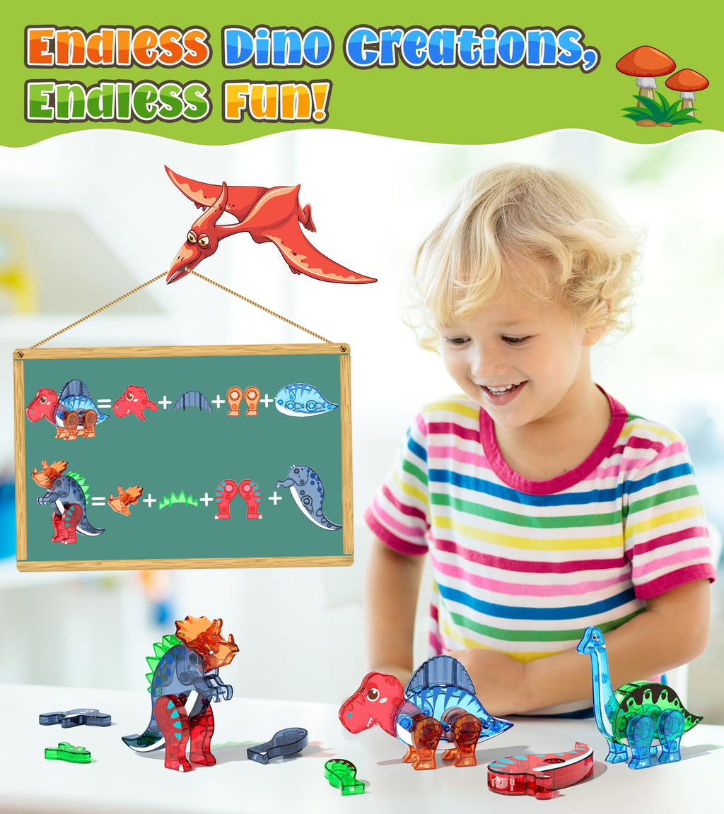 Asago Dinosaur Toys Magnetic Tiles Set - 2 Eggs, 2 Baby Dinos & 5 Large Dinosaurs for Kids 3-5, 105pcs Magnetic Building Blocks for Toddlers 1-3 4-8，Magnet Tiles Educational Toy for Boys Girls