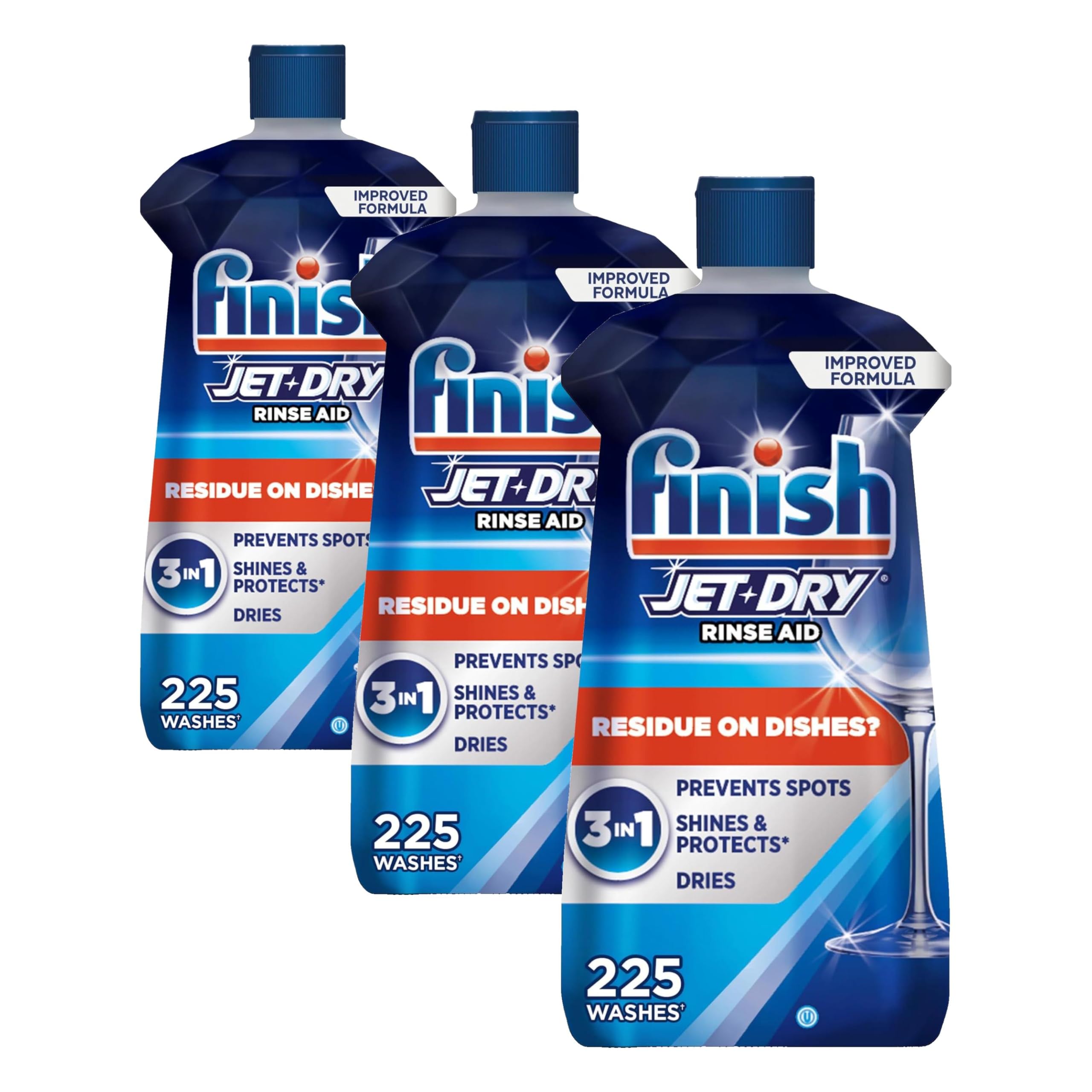 Finish Jet-Dry Dishwasher Rinse Aid, Compatible with Dishwasher Detergent, Prevents Spots & Residues, Dries, Shine & Protects, 23 oz, 225 Washes. (Pack of 3)