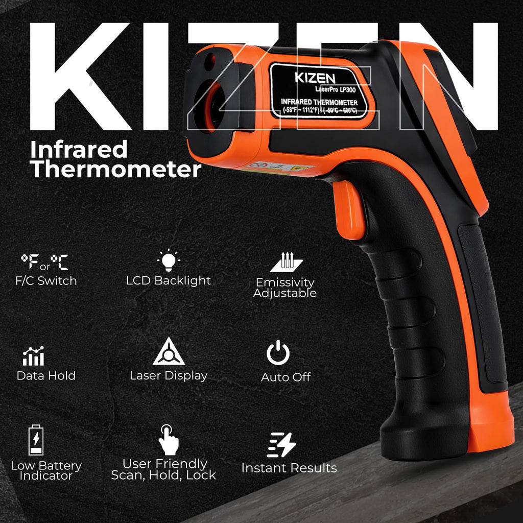 Kizen Infrared Temperature Gun - Handheld Surface Infrared Thermometer for Griddle, Grill, Pizza Oven, Candy, & A/C - Laser Thermometer Gun -58F to 1112F - Surface Temp Gun