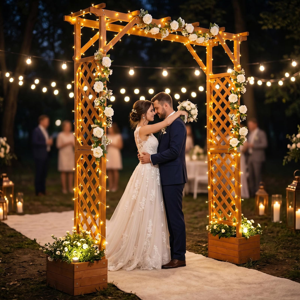 VINGLI Wooden Garden Arbor with Planter, Wedding Arch for Ceremony, Wood Garden Arbour Trellis for Plant Climbing, Pergola for Garden Backyard, Lawn, Outdoor (Golden Brown)