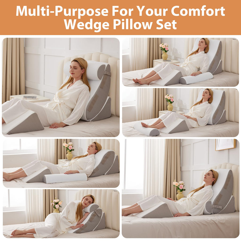 4PCS Wedge Pillow Set for After Surgery, Orthopedic Bed Wedge Pillow for Back Pain Relief, Sitting up in Bed,Recovery, Acid Reflux, Snoring, Body Pillow for Sleeping,Leg,Shoulder Support, Velvet Grey