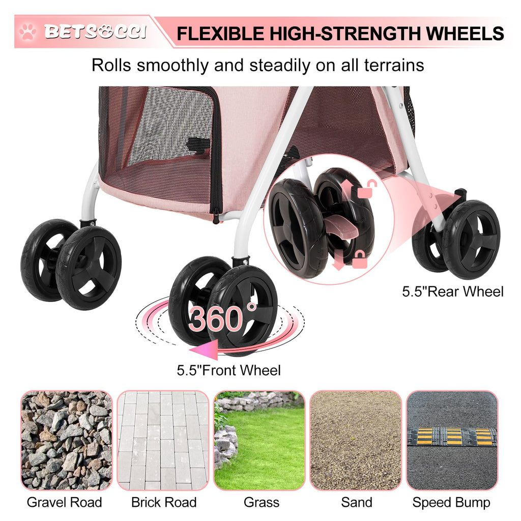 BETSOCCI Double Dog Stroller with 2 Detachable Carrier, Portable Pet Stroller for Small Dogs & Cats Folding Lightweight Puppy Travel Carriage, 4 Wheels, Pink