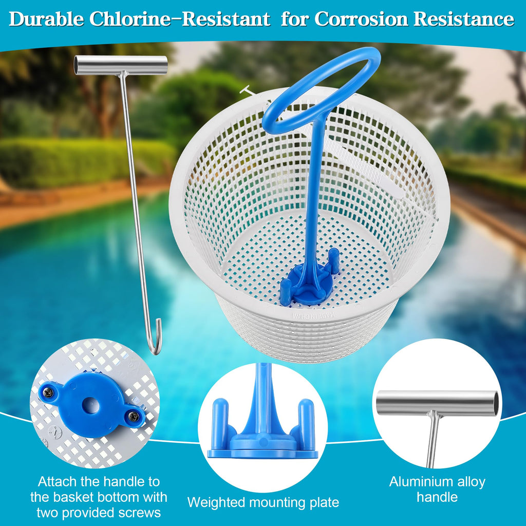 Saillong 2 8" Pool Skimmer Basket for Inground Pool & 2 Skimmer Basket Handle & 1 Stainless Steel Hook, Universal Pools Skimmers Baskets Replacement for Debris Removal, Keep Hands Clean(Blue, White)