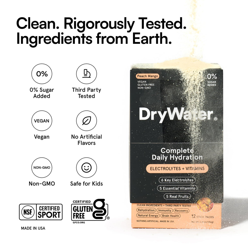DryWater® Electrolyte + Vitamin Hydration Powder Packets – Peach Mango, 1,000mg Potassium, Real Organic Fruit, NSF Certified for Sport, Nothing Artificial, No Added Sugar (12 Stick Packs)